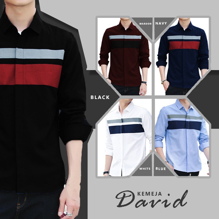 DAVID KEMEJA POLOS PRIA LENGAN PANJANG SLIMFIT KEMEJA KERJA FORMAL COWOK WARNA PUTIH HITAM MAROON