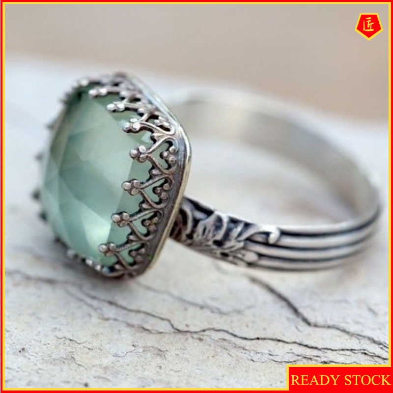 [Ready Stock]Mint Green Moonstone Square Diamond Ring Women's Vintage Silver