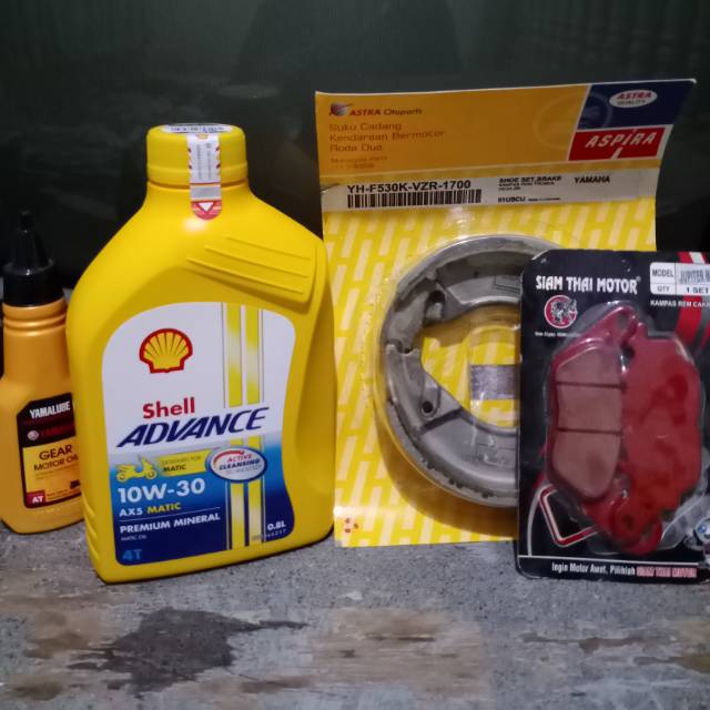 Paket kampas rem depan belakang fino/mio J/nouvo/x-ride + shell ax5 matic 800ml plus gardan yamalube