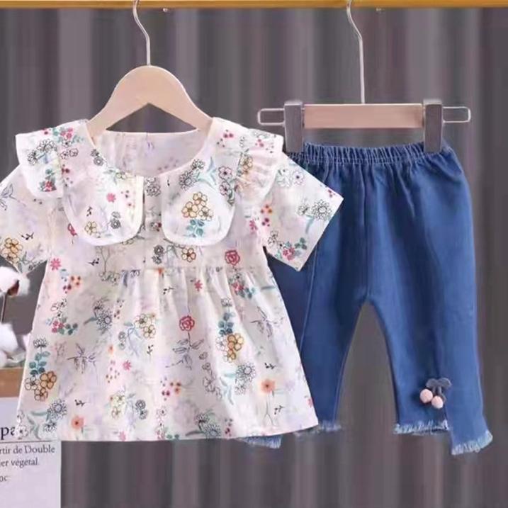 Recomended Setelan anak perempuan atasan jins cherry import 1-4 tahun/ Baju Setelan kemeja Setelan J