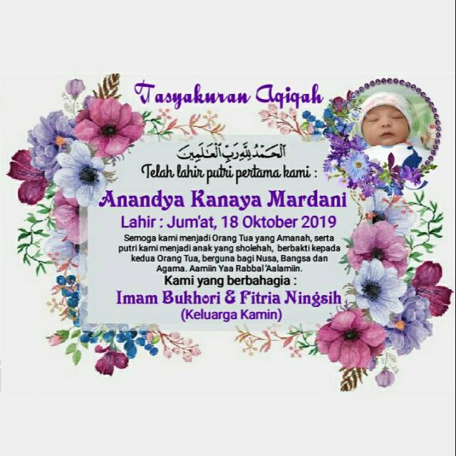 Stiker Tasyakuran Aqiqah Motif Purple Flower - Free Request Foto Anak