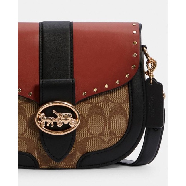 Coach Georgie Saddle Bag In Color block Signature Canvas With Rivets Khaki Terracota Multi ( C3593)