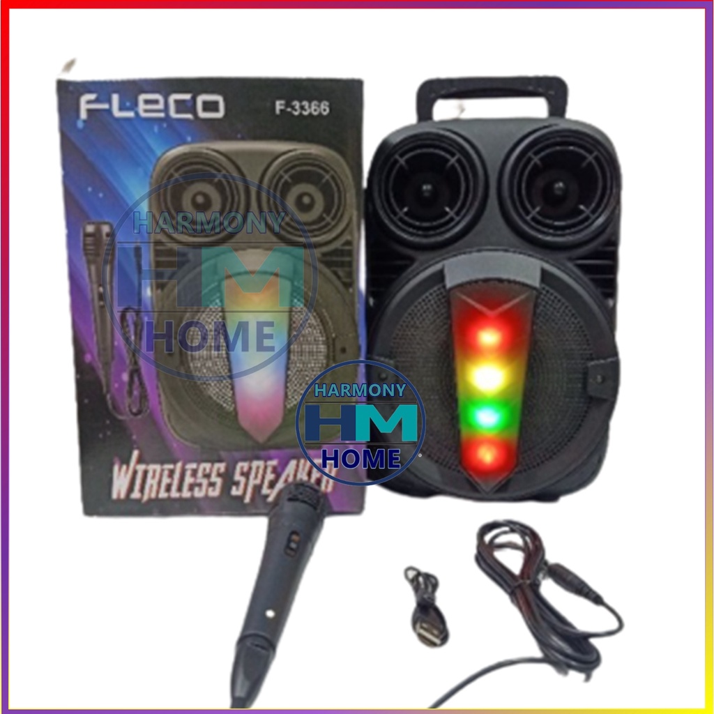 Speaker Bluetooth karaoke Fleco f-3366 TERBARU LED WIRELESS X-BASS free mic