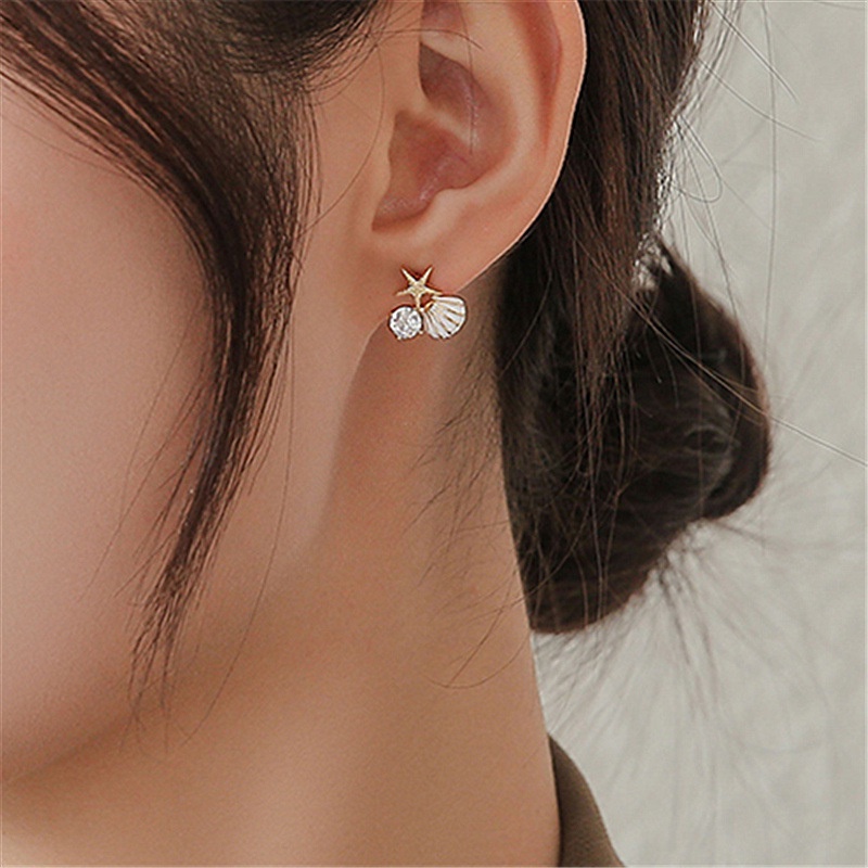 Anting Stud Zircon Mutiara Berlian Imitasi Bentuk Bintang Laut Kerang Gaya Bohemian Korea Untuk Wanita