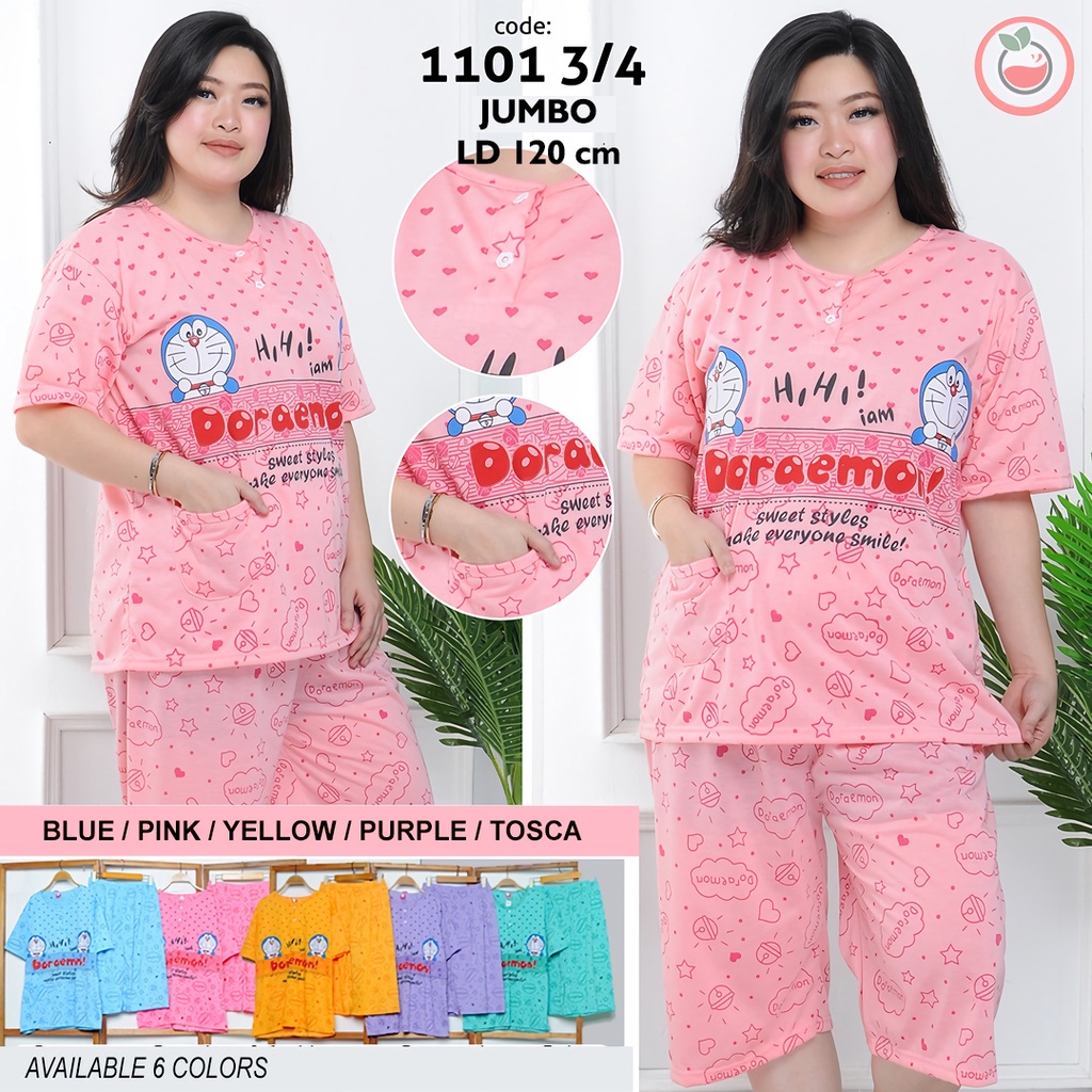 Lilipop.id  Baju Tidur Wanita Doraemon 3/4 Jumbo Celana Pendek XXXL Baby Doll Bahan Kaos