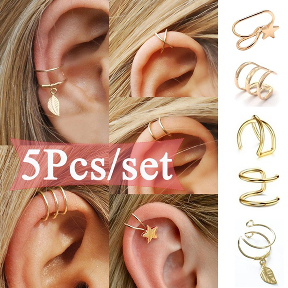 5Pcs/Set  Fashion Gold Color Ear Cuffs / Women Leaf Clip Earrings / No Piercing Fake Cartilage Earring / Punk Rock Ear Earrings