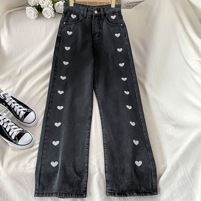 Celana Highwaist Kulot Jeans Wanita - Boyfriend Love Bordir Celana Denim Import（realpict）