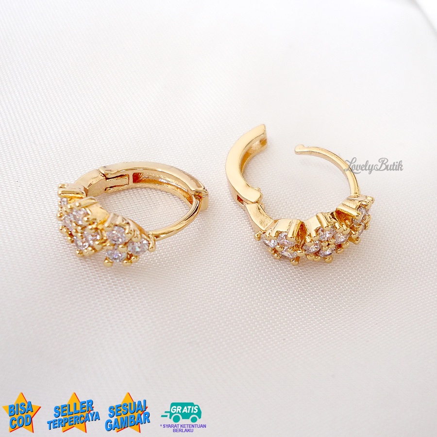 Lovelybutik Anting Jepit Xuping Dewasa Imeld4 Anting Wanita Anti Karat Model Bunga Diamond Lapis Emas