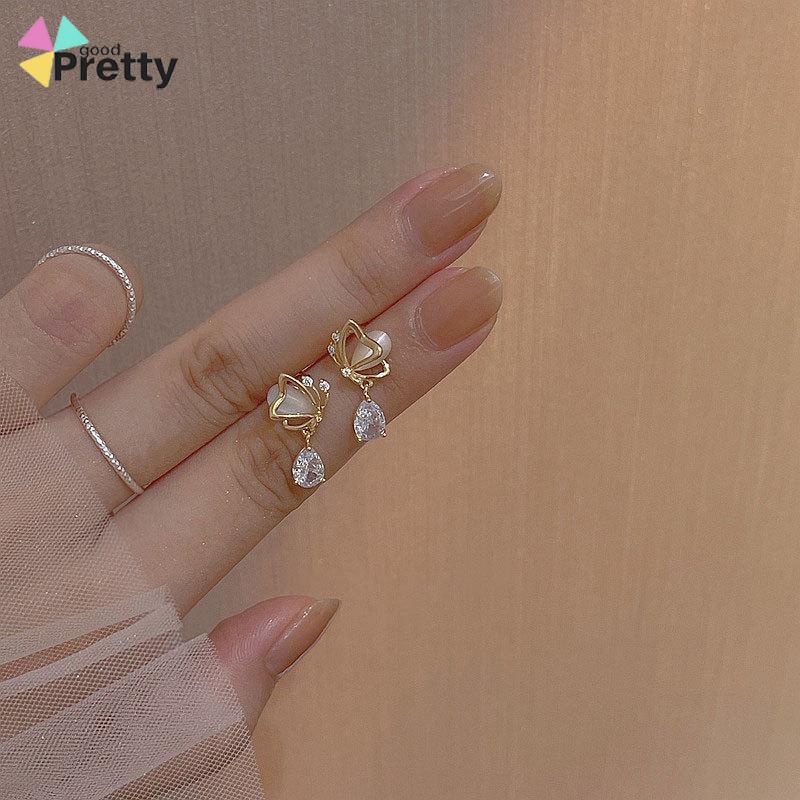 Opal Butterfly Love Water Drop Zircon Stud Earrings Desain Niche Wanita Temperamen Kelas Atas - PD