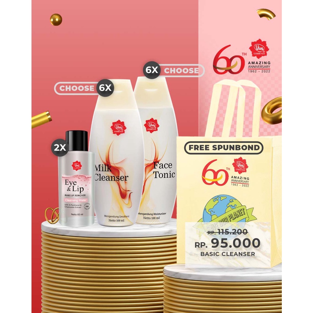 Paket 6 Viva Milk Cleanser 100ml 6 Face Tonic 100ml 2 Eye Lip Make Up Remover 60ml Free Tas Spunbond