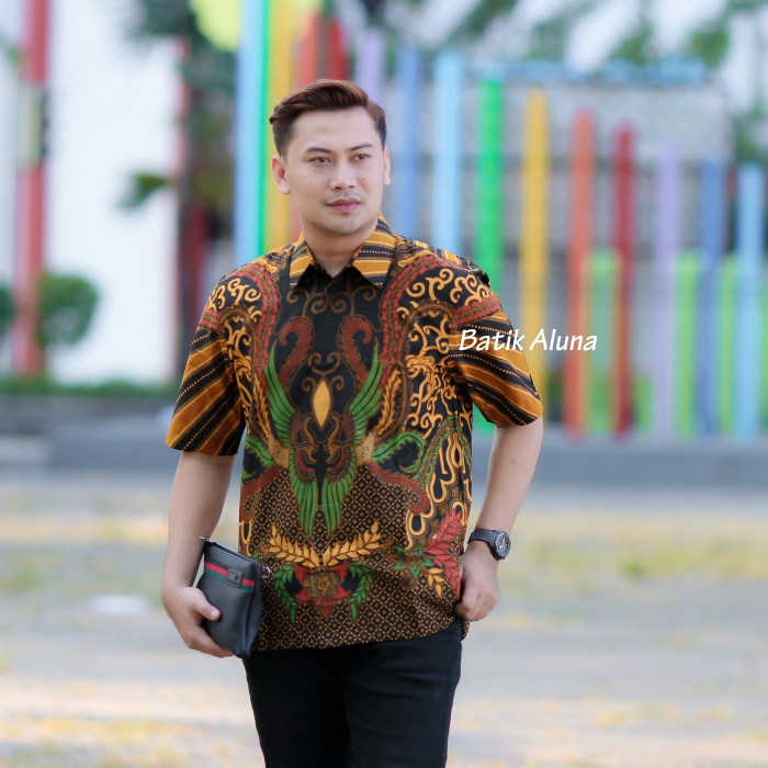 Batik Pria Lengan Pendek Premium Modern Reguler Baju Kemeja Atasan Batik Seragam Pria Laki Laki Cowok Full Furing Koko Kombinasi Lengan Pendek Slim Fit full Puring Kekinian BATIK ALUNA S M L XL XXL XXXL