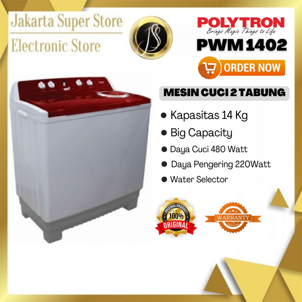POLYTRON MESIN CUCI 2 TABUNG 14KG PWM-1402