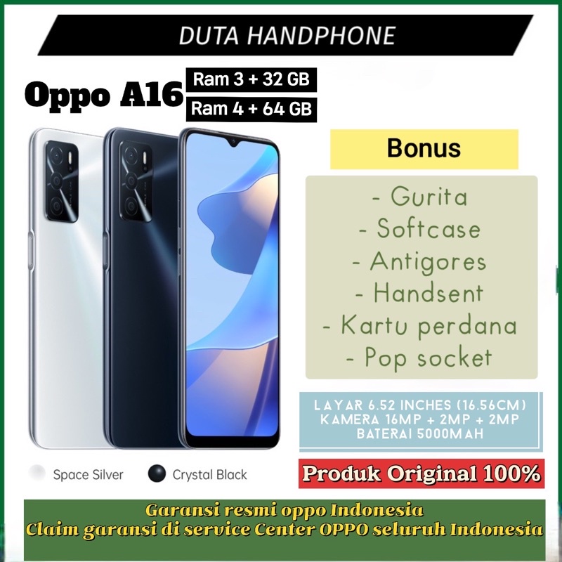 OPPO A16 4/64 & 3/32 RAM 3GB ROM 32GB GARANSI RESMI OPPO INDONESIA