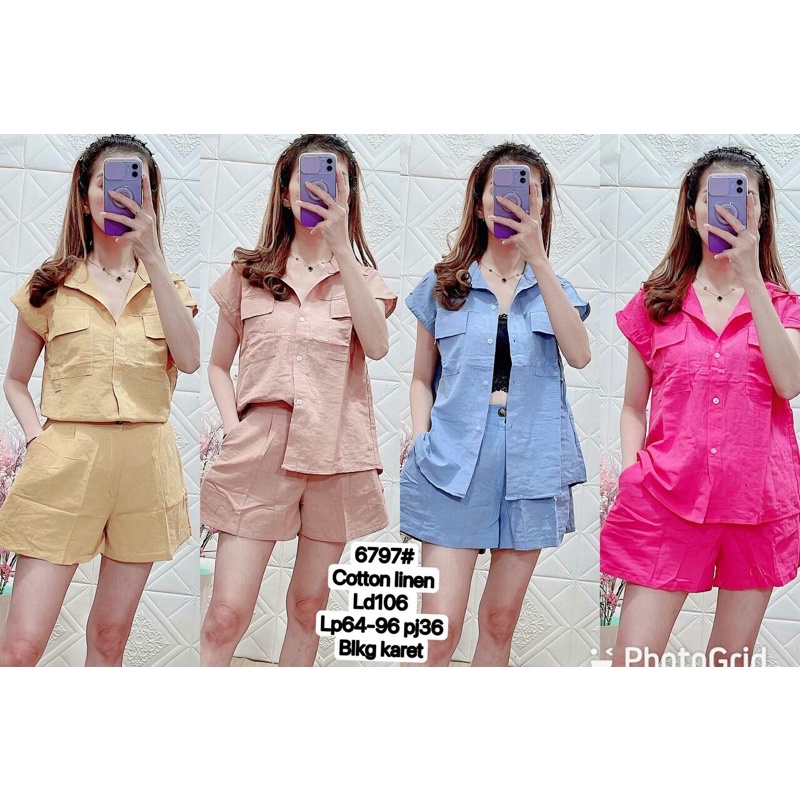 setelan kemeja celana pendek casual cotton linen 6797