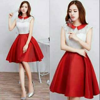 Dress mercure sleting putih merah gaun  wanita korea white 