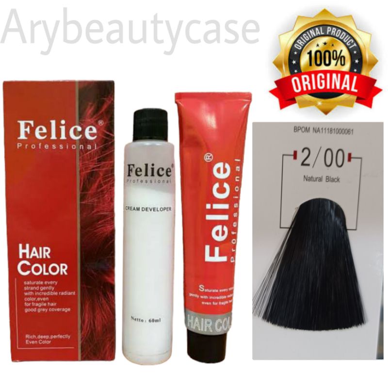 Felice Hair color 2.00 Natural Black  Cat rambut + oxidant pewarna Rambut 2/00