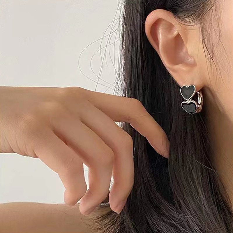 Spades925 Silver Jarum Keren Hitam Hati Anting Wanita Retro Aksesoris Perhiasan Cewek SEXY