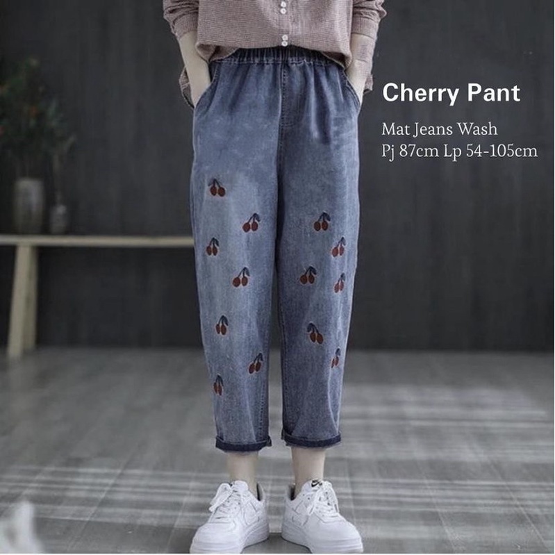 Si Paling Viral Celana Jeans Bordir Motif Buah Cery Pinggang Elastis By Daily Outfit