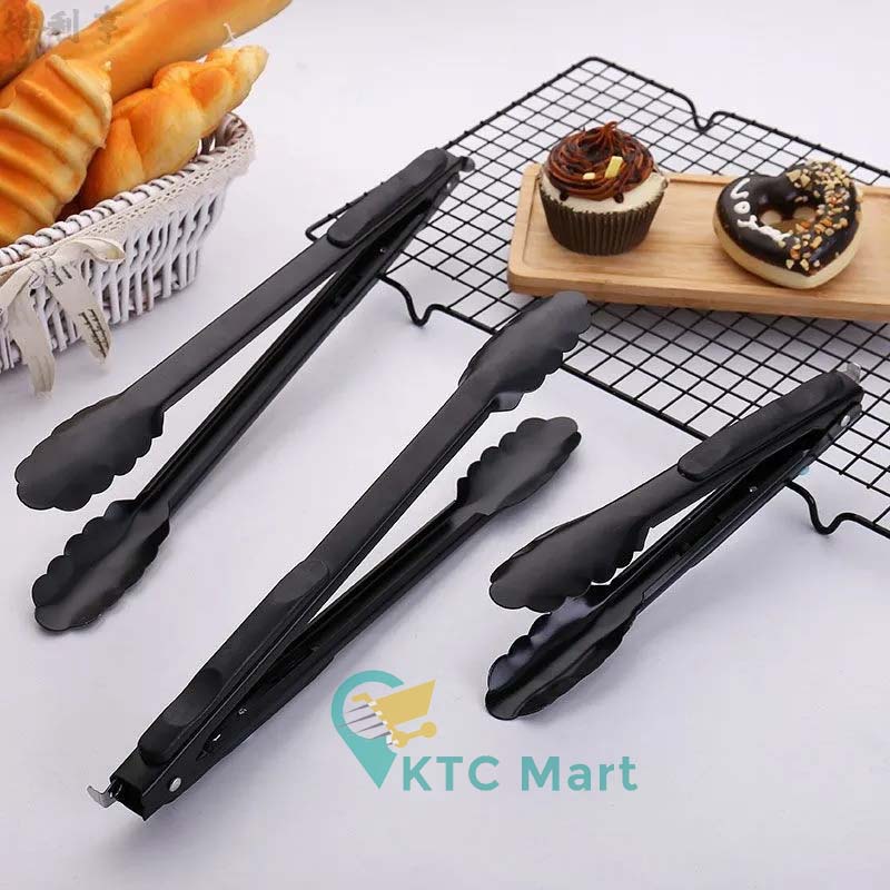 KTCmart - Capitan Jepitan Hitam Penjepit Hitam Makanan Kue Gorengan Mie Stainless Steel Pencapit Penggorengan