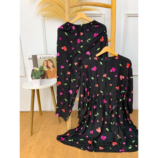 Setelan Tunik Bahan Rayon Size Jumbo/ Setelan Wanita Dewasa/ Setelan Tunik motif bunga-bunga