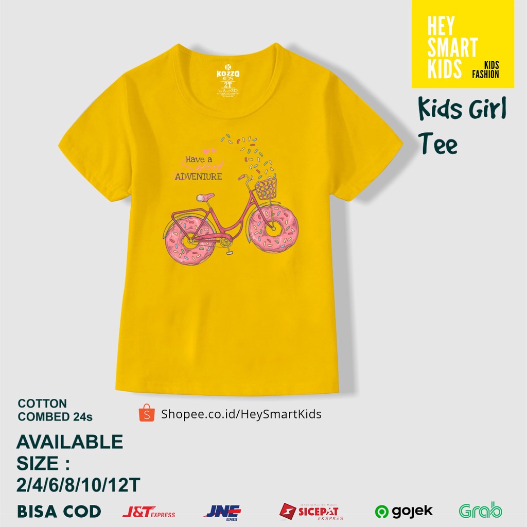 (promo dulu)Kaos Anak Perempuan Warna Kuning Motif Sepeda Donat Usia 1 sampai 12 Tahun Merk Kozzo Kids Tee Girls (Garut)