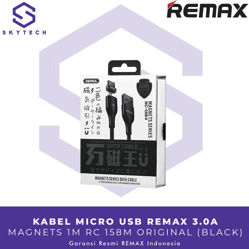 KABEL MICRO USB REMAX 3.0A MAGNETS 1M BLACK RC 158M ORIGINAL GARANSI RESMI