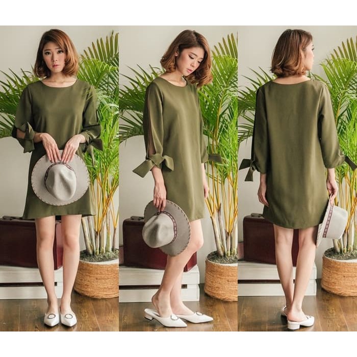 Bow Sleeve Mini Dress Pesta Baju Wanita Korea Import Green Pink Putih