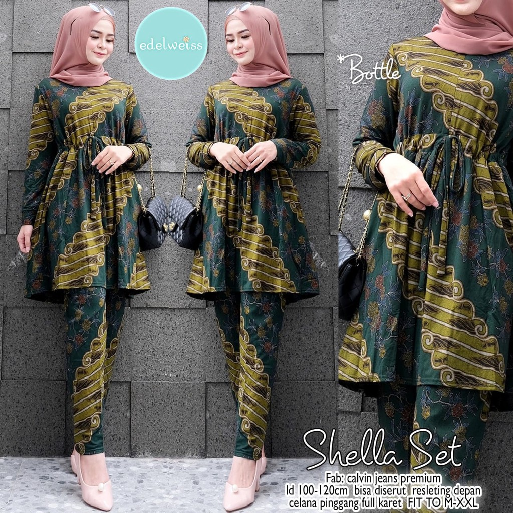SETELAN BATIK ONE SET KEKINIAN BAHAN CALVIN JEANS PREMIUM NYAMAN DIPAKAI SERI SHELLA