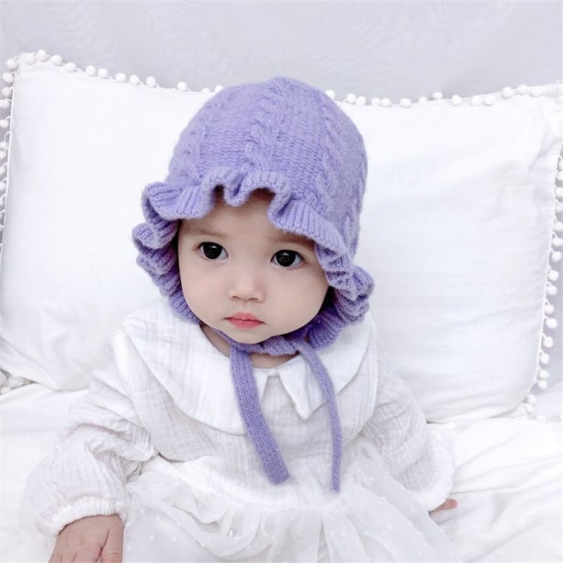 Topi Kupluk Rajut Casual Handmade Aksen Bonet Bonnet Ruffle untuk Bayi Perempuan Usia 0-3Tahun VC