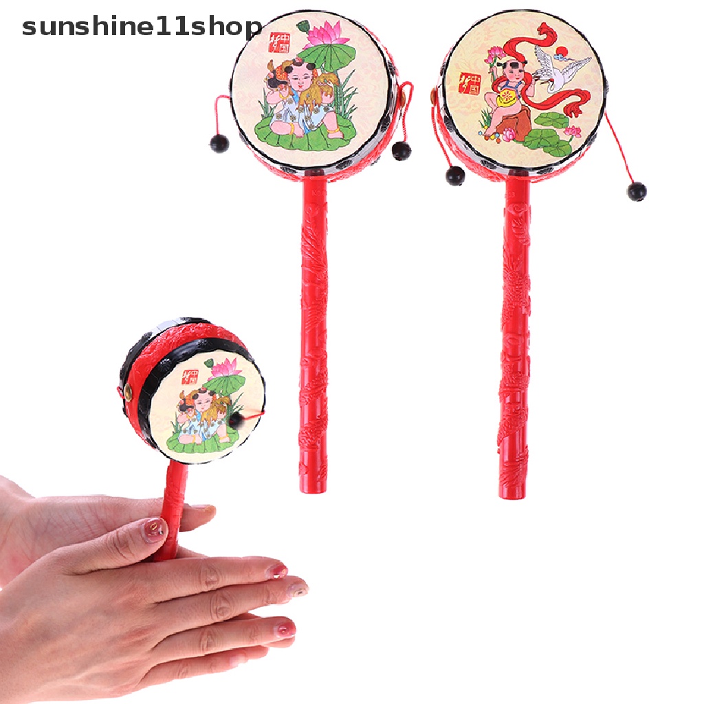 Sho 1Pc Mainan rattle Genggam Tradisional Cina Bentuk drum Motif Kartun Untuk Bayi