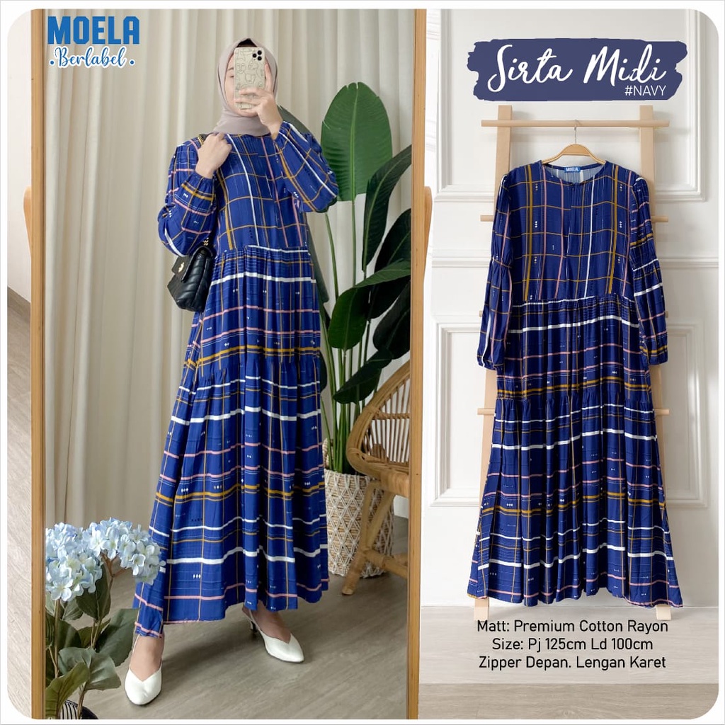 TERMURAH SIRTA MIDI DRESS BY MOELA BERLABEL/MIDI DRESS MOTIF GARIS/DRES GARIS KOTAK/GAMIS LENGAN KAR