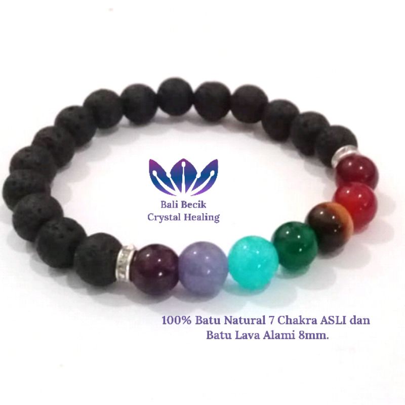 100% Gelang Batu Natural 7 Cakra Chakra ASLI dan Batu Lava Alami 8mm.