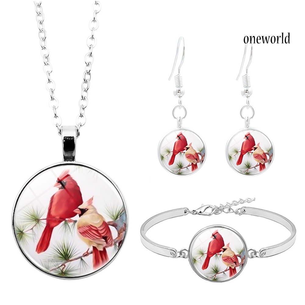 OW@ 3Pcs/Set Cardinal Bird Glass Cabochon Pendant Women Necklace Bracelet Earrings