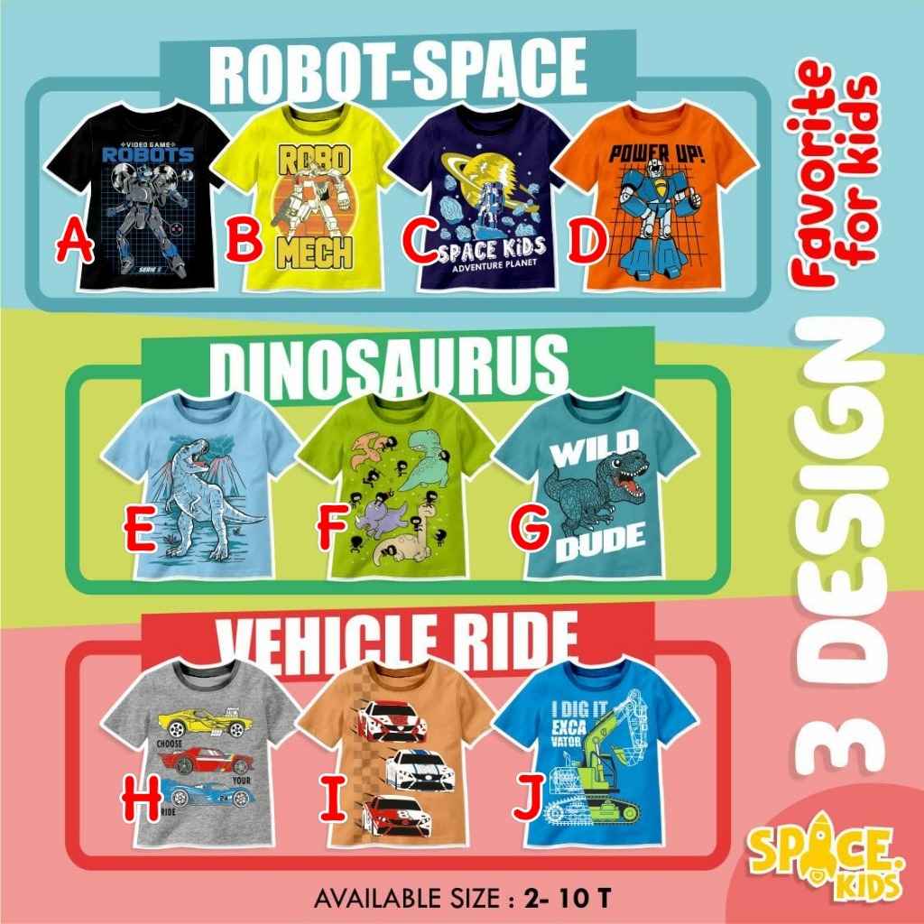 KAOS ANAK LAKI-LAKI 3 DESAIN ROBOT DINO MOBIL USIA 2-10 TAHUN