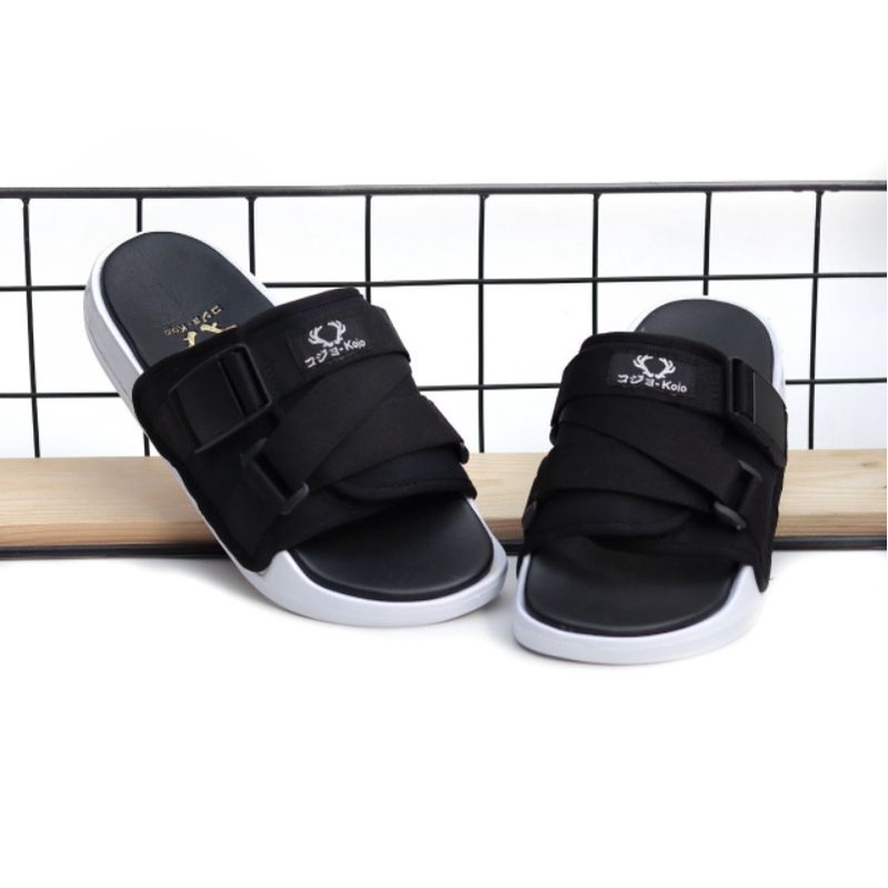 KOJO Crousel Sandal slide Casual  Unisex - Chester Full Black HITAM PUTIH WHITE