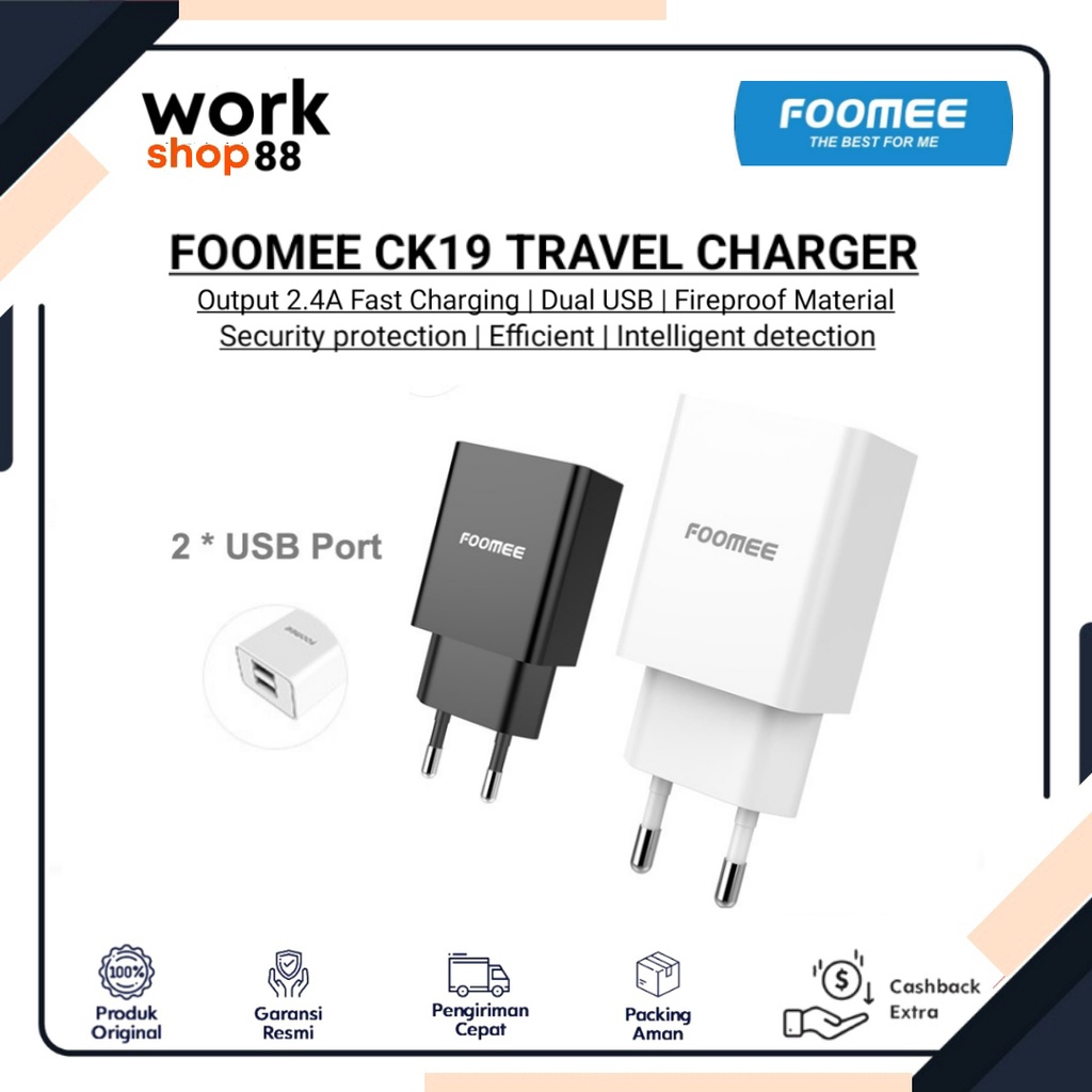 Terbaru FOOMEE CC19 Travel Charger Kit Fast Charging 2.4A ( 2 Dual Port USB ) - New Original Garansi