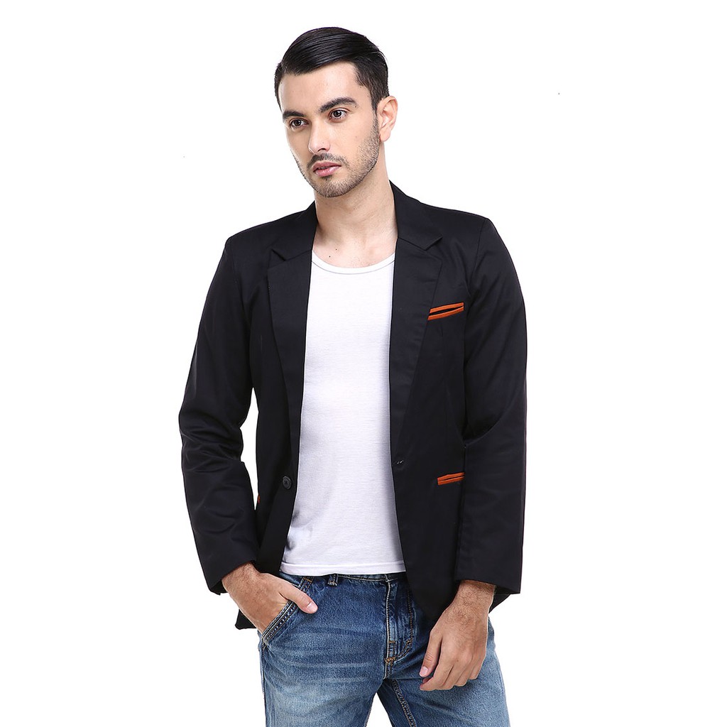 Hamlin Woreq Jas Blazer Outerwear Pria Formal Resmi Man Suits Motif Garis Material Drill - Black