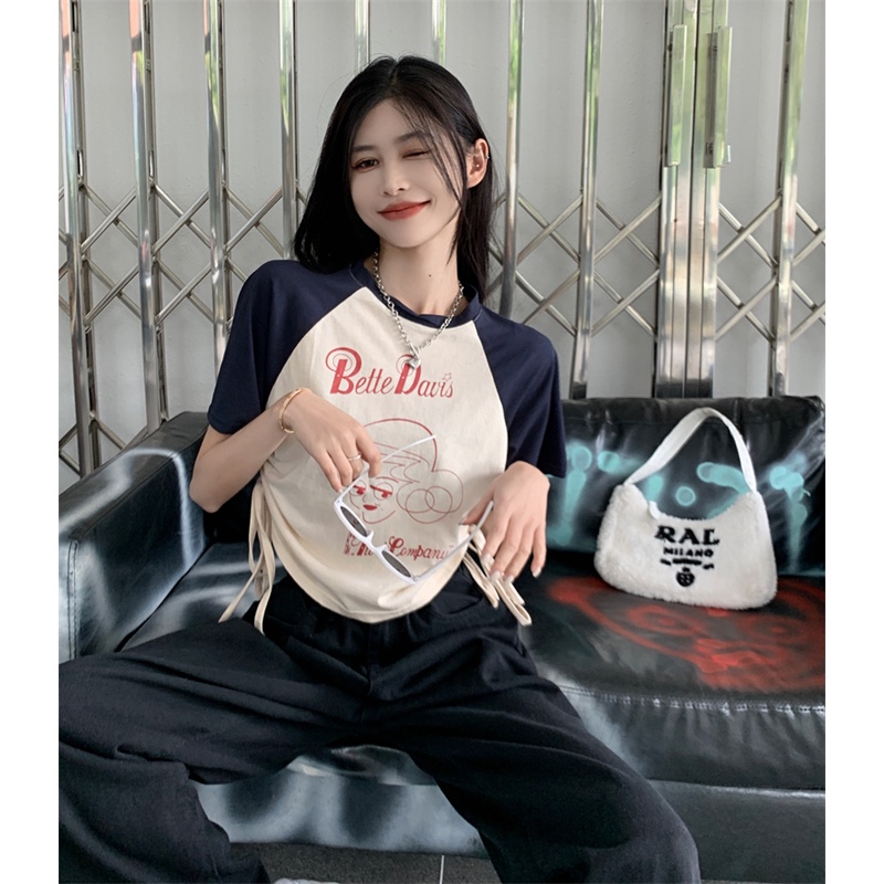 Amerika retro serut lengan pendek T-shirt wanita musim panas in hot girl jahitan longgar warna hit p