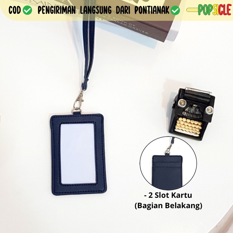 

Lanyard Flashee Termurah Berkualitas Biru Navy PU Leather Lanyard NameTag ID Card Holder