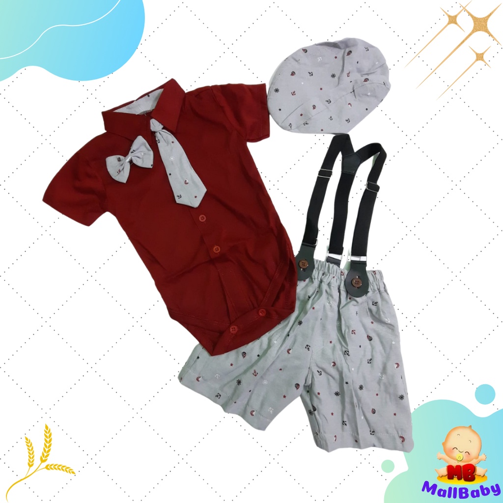 Baju Jalan Pesta Bayi Laki Laki 0 3 6 9 12 Bulan Setelan Jumper Set Dasi Suspender Topi Dale