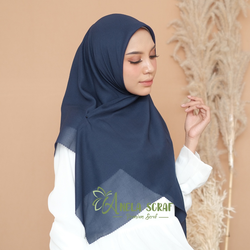 Bella Lasercut - Hijab Kerudung Segiempat Voal Laser Cut / Krudung Bella Pollycotton Laser Premium / Basic Polos Lasercut-NAVY