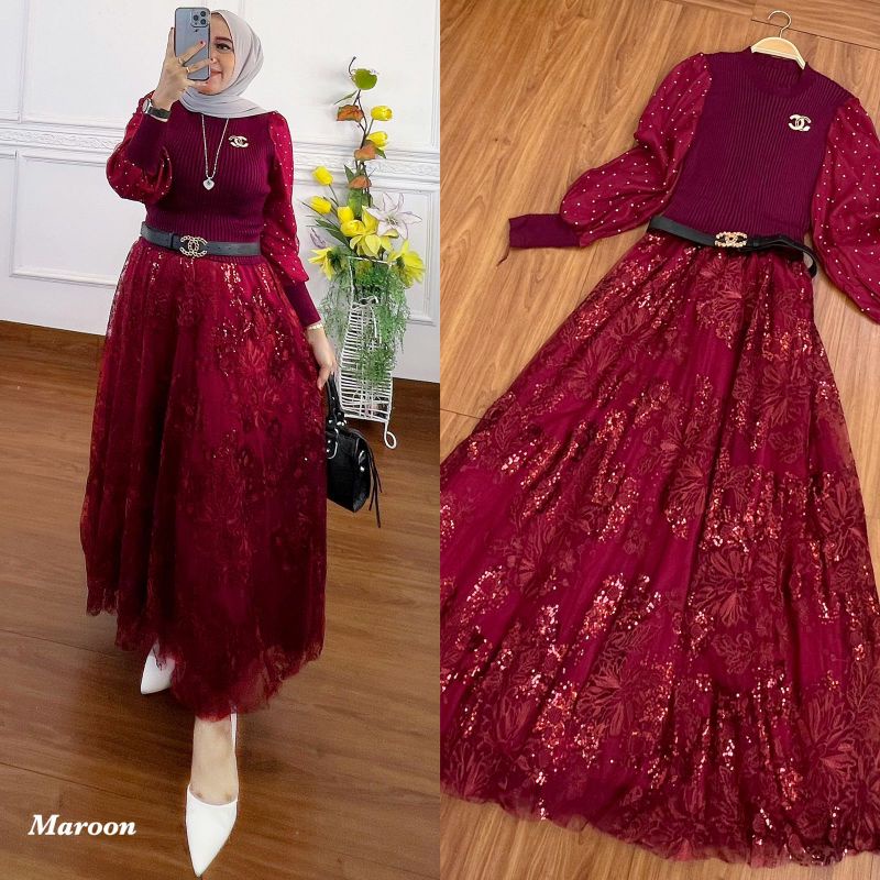 Dress Bella Queen rajut import premium mix organza import terbaru