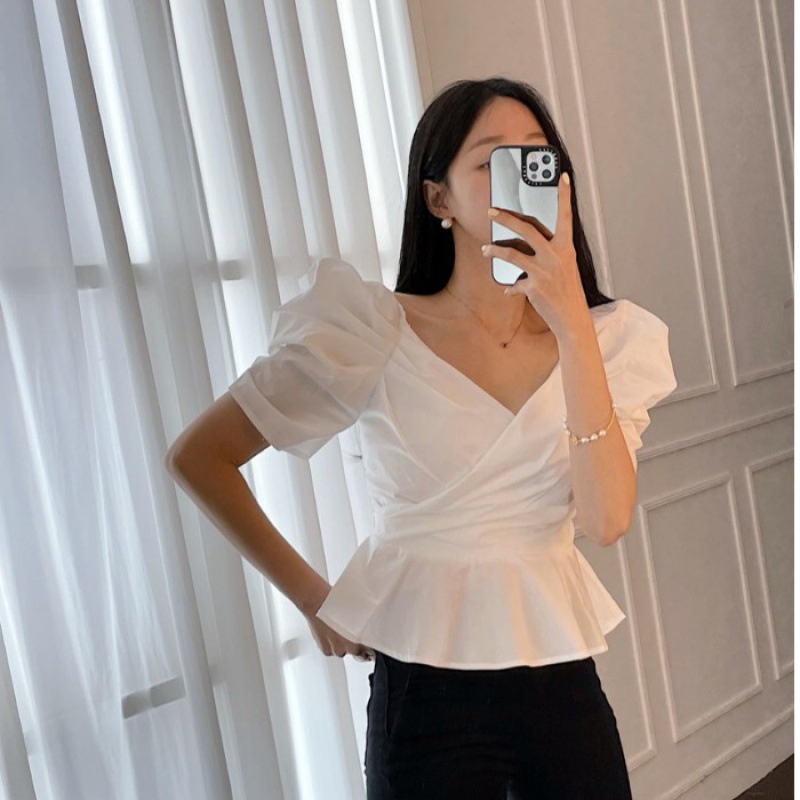 #Sisjuly # Wanita Baru Gaun Musim Panas Perancis Retro Romantis Cross V-Neck Lengan Puff Ruffle Slim