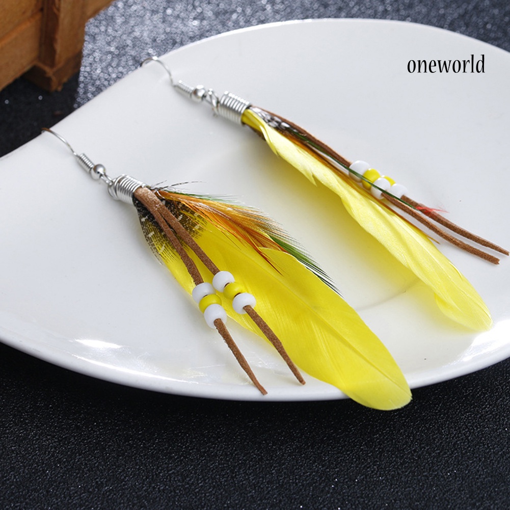 OW@ Bohemian Women Indian Feather Beads Tassel Dangle Hook Earrings Jewelry Gift