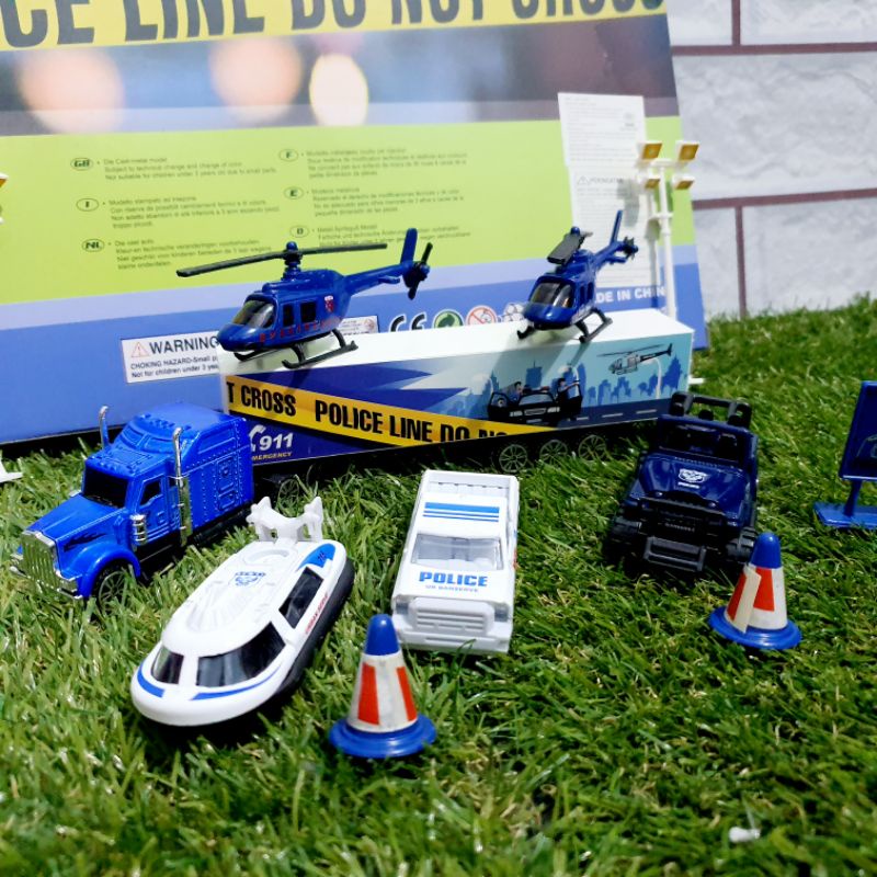 mainan set diecast truk kontainer polisi alloy - miniatur set truk kontainer mobil polisi