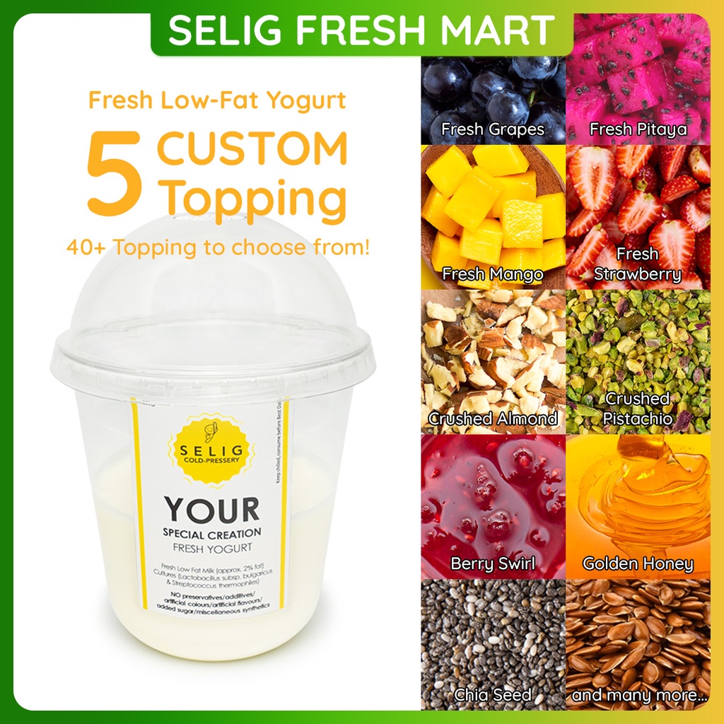 

Fresh Low Fat Yogurt + 5 Topping Pilih Sendiri ~250gr - Selig Fresh Mart