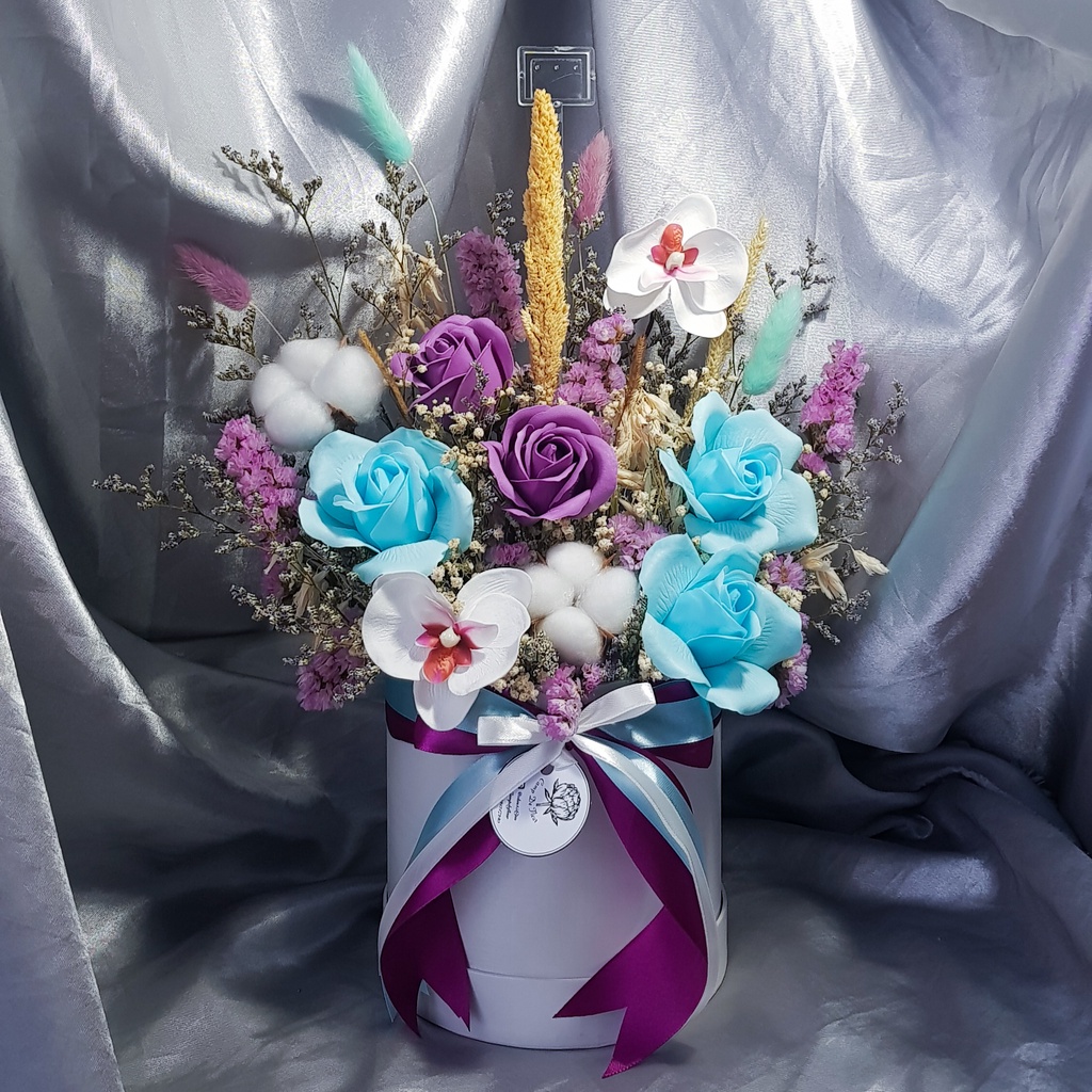 Eden Medium Bloom Dome with Butterfly Orchid and Cotton Flower Soap Flower Mix Cotton Bloombox Bunga