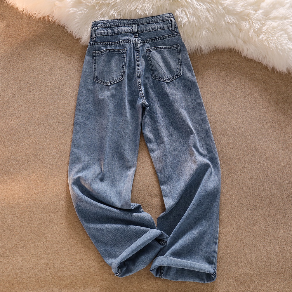 Korean Style Celana Jeans Wanita/High Waist Loose Straight Biru Jeans