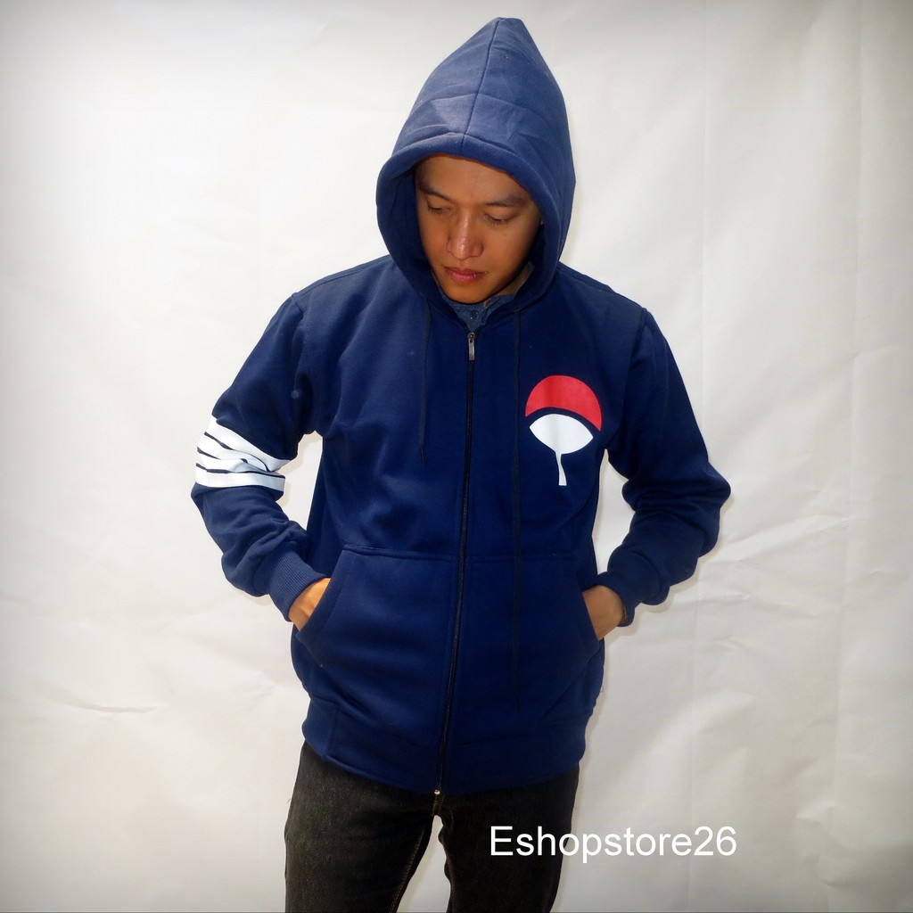 Jaket Anime naruto Uchiha Clan List Lengan - Jaket Uchiha clan Biru Navy