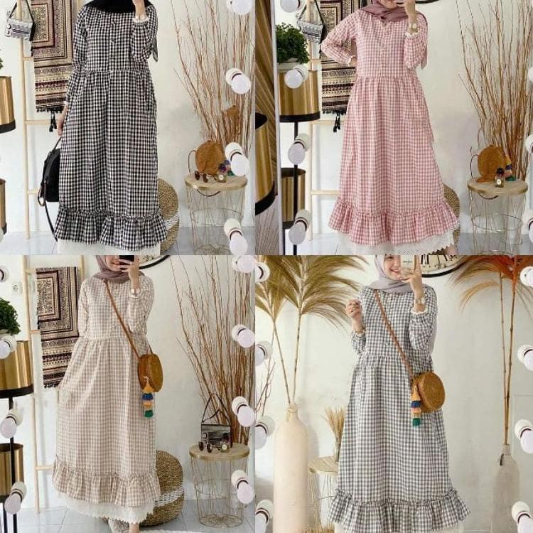 Stok Banyak [ARFA STYLE] Zeline Maxi - Dress Muslim Gamis Motif Kotak Bahan Katun - /Bisa COD 58